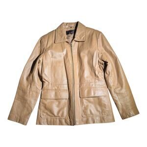 Vtg 1990s Phase Two Camel Tan Leather Full Zip Collared Lined Jacket Sz L